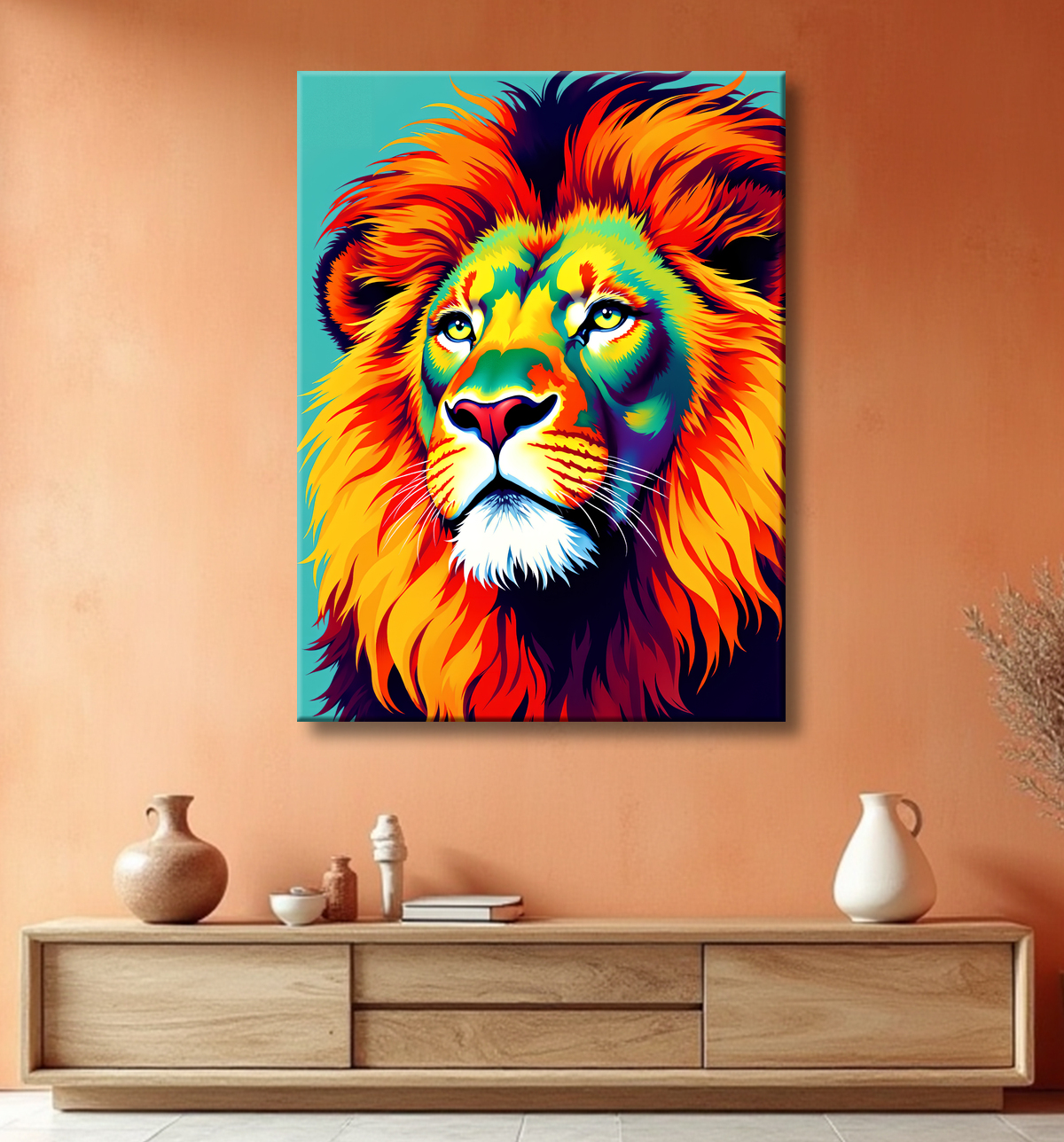 Tableau lion pop art fond gris turquoise - Portrait graphique contemporain avec decor