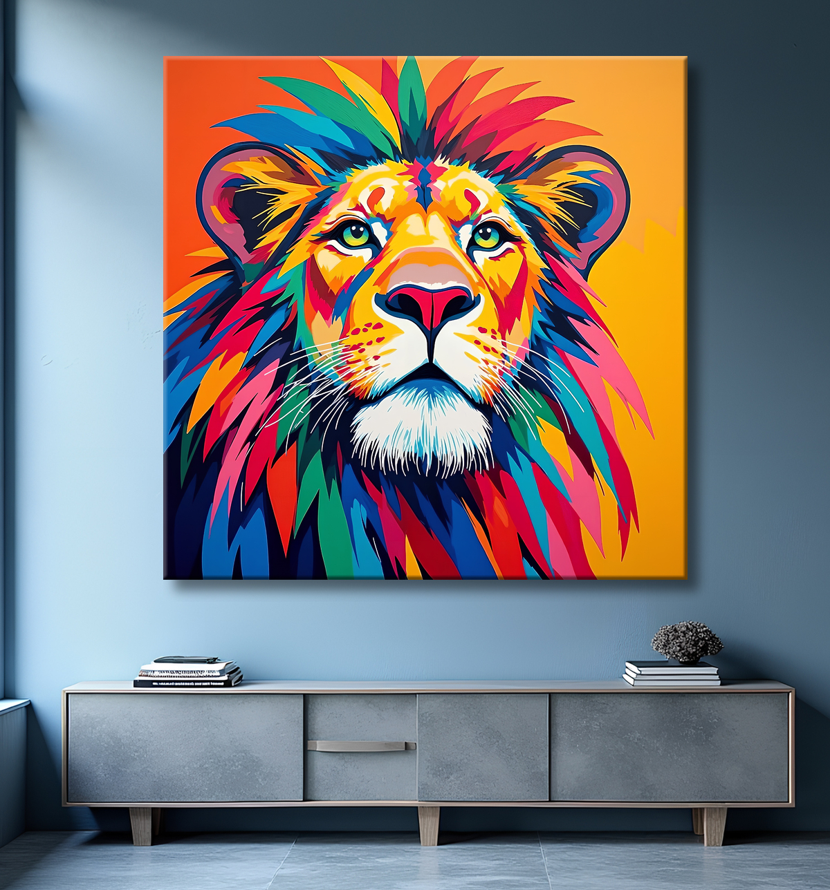 Tableau lion pop art - Design graphique et couleurs vives avec decor