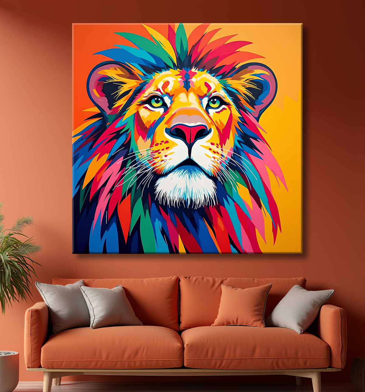 Tableau lion pop art - Design graphique et couleurs vives avec decor