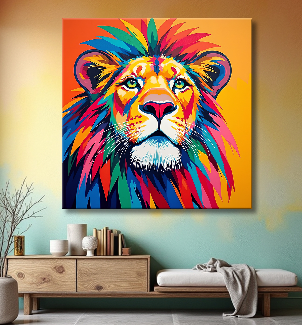 Tableau lion pop art - Design graphique et couleurs vives avec decor