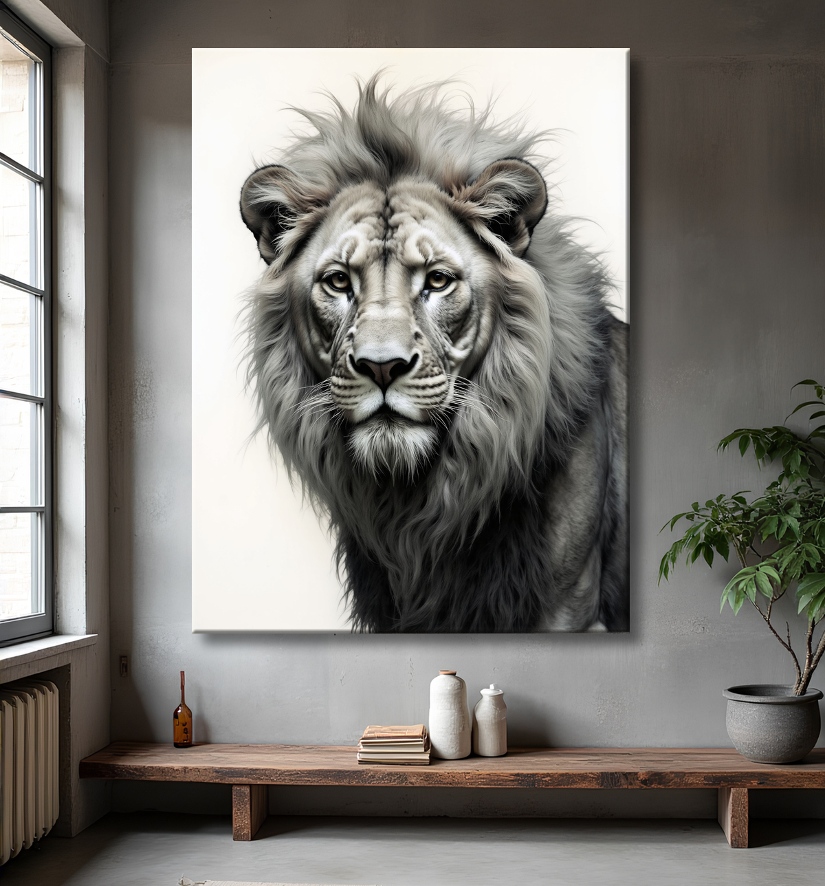 Portrait de lion photographié sur fond blanc ou clair. Une œuvre sobre et élégante pour sublimer votre intérieur ou un espace professionnel. Disponible sur plusieurs supports. Création exclusive DECOTAB.