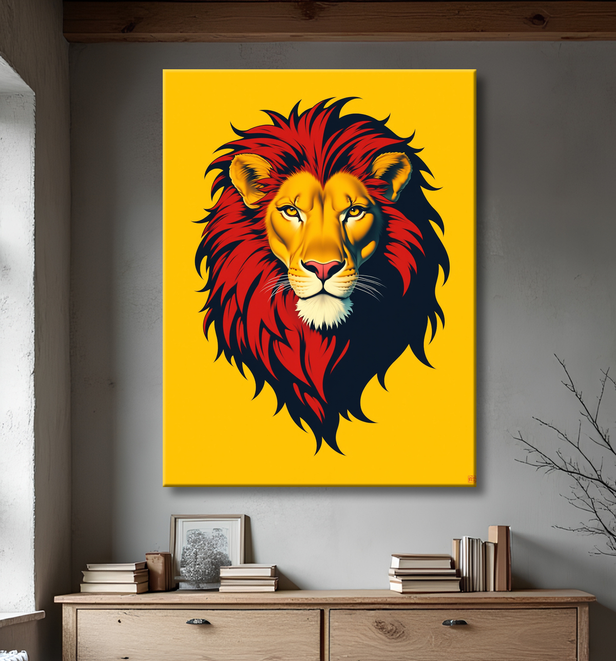 Tableau d'un lion stylisé sur fond jaune vif avec decor