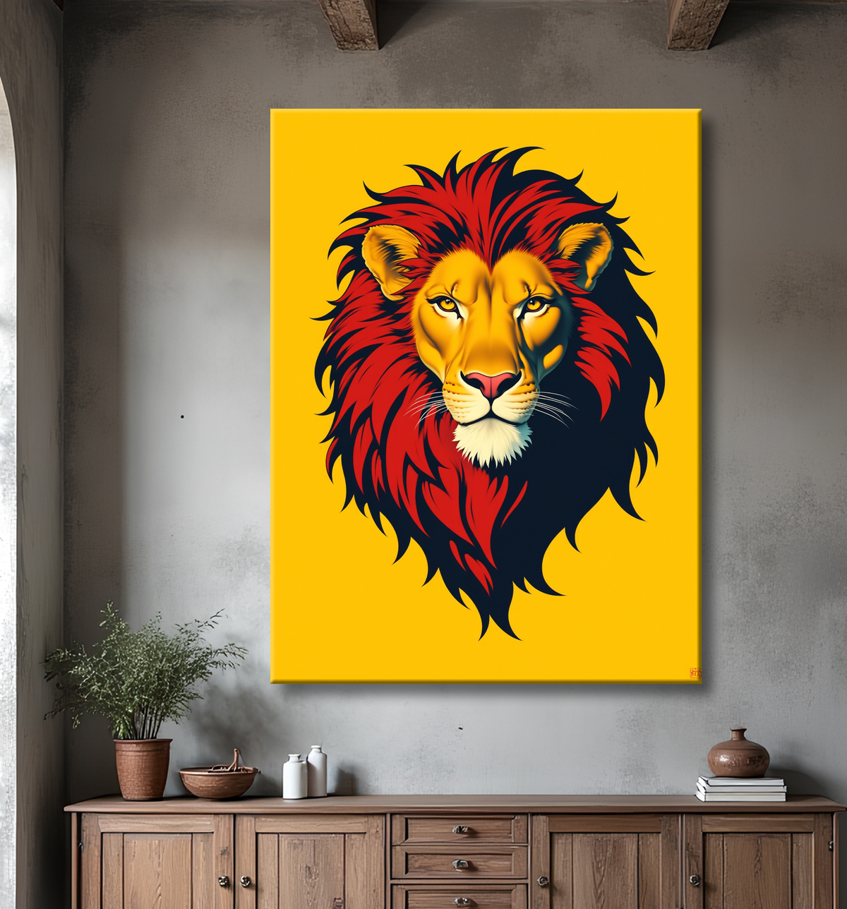 Tableau d'un lion stylisé sur fond jaune vif avec decor