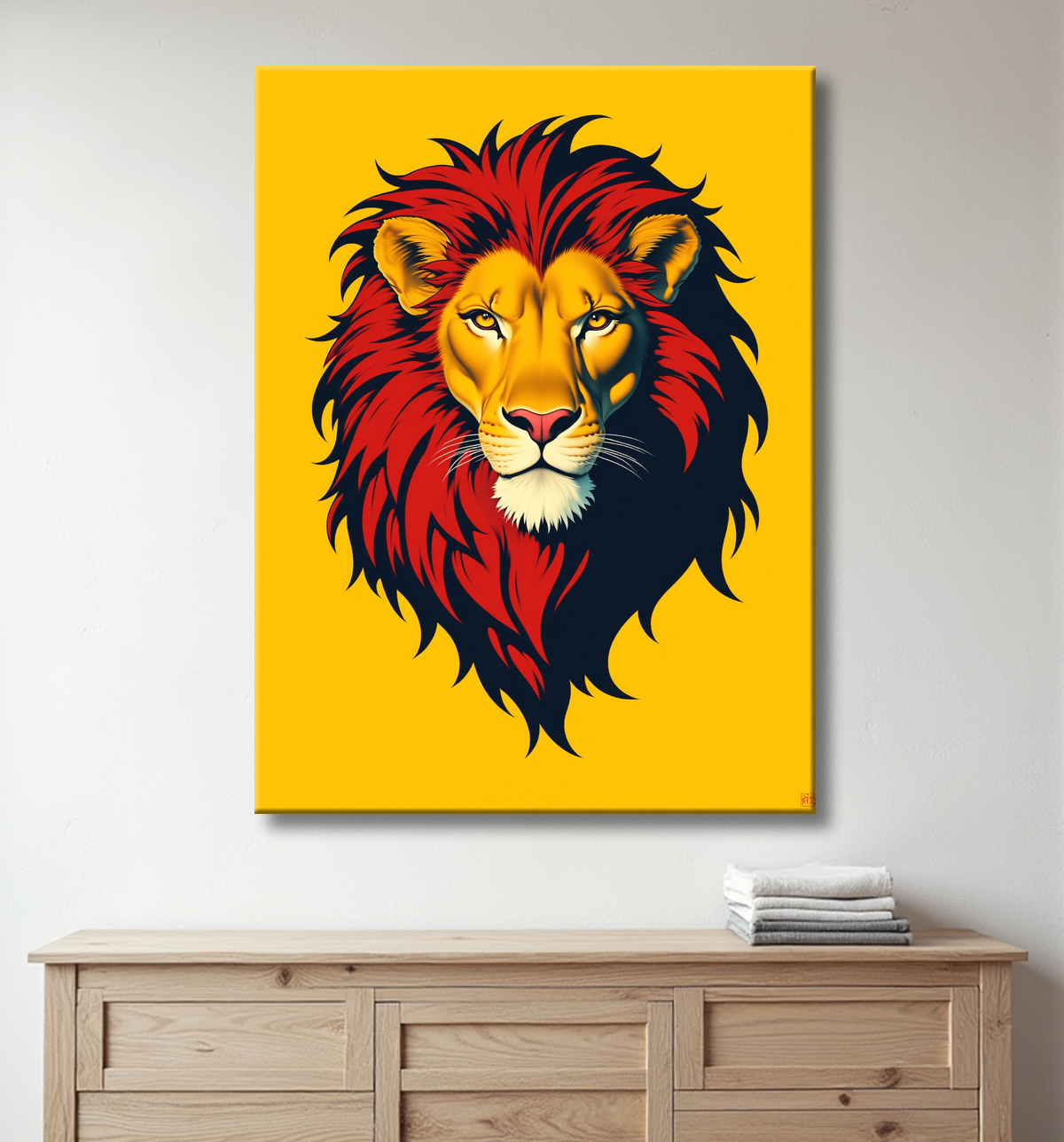 Tableau d'un lion stylisé sur fond jaune vif avec decor