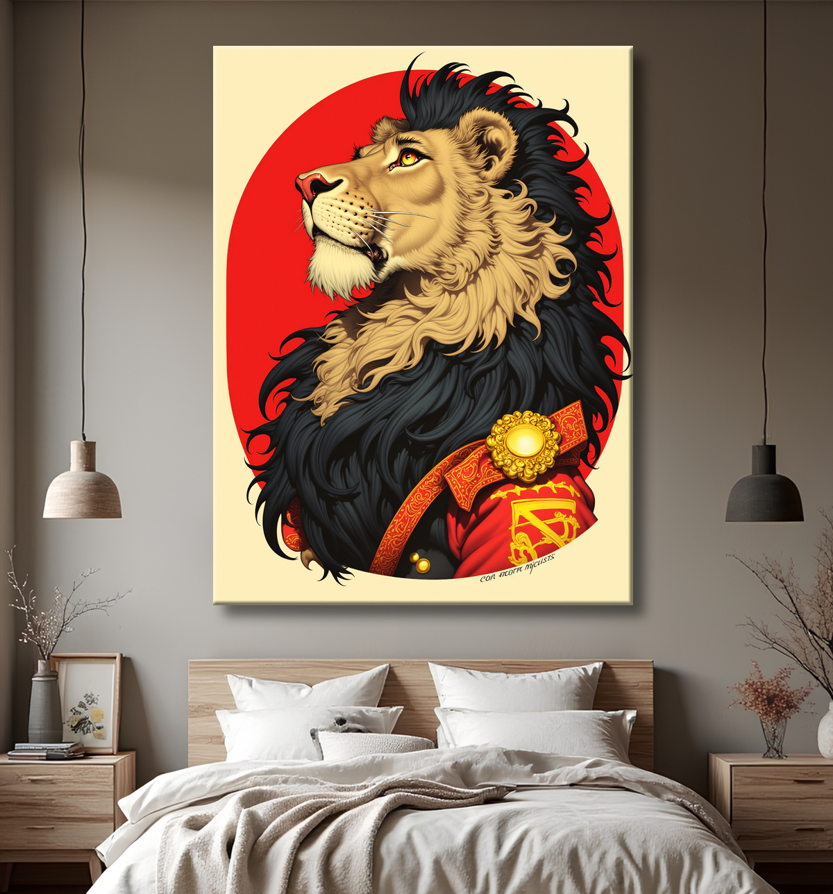 Lion à l'uniforme, illustration avec decor