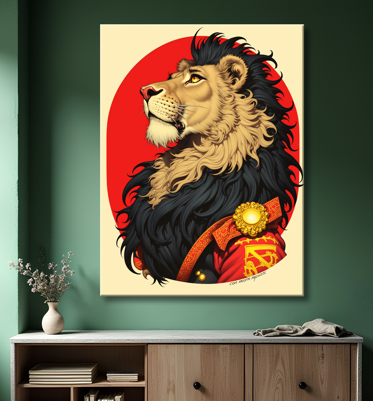 Lion à l'uniforme, illustration avec decor