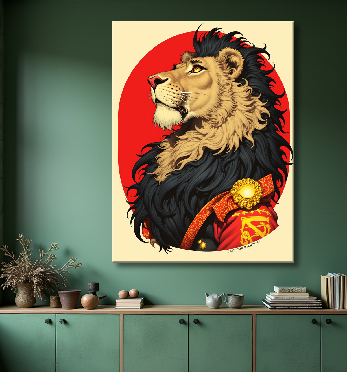 Lion à l'uniforme, illustration avec decor
