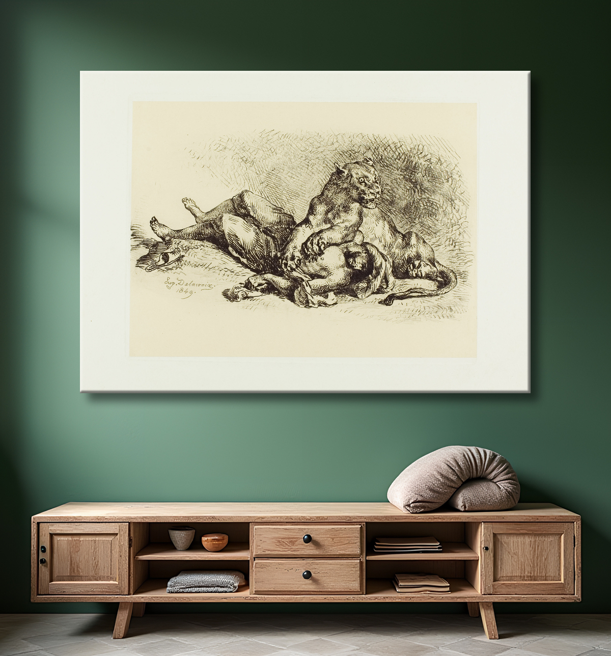 Reproduction Lionne déchirant la poitrine d'un arabe de Eugène Delacroix avec decor