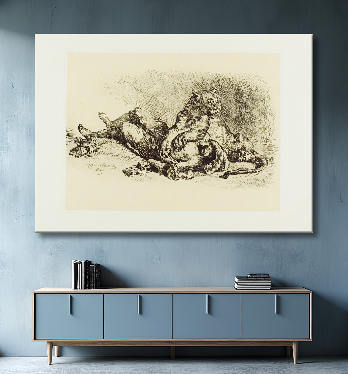 Reproduction Lionne déchirant la poitrine d'un arabe de Eugène Delacroix avec decor