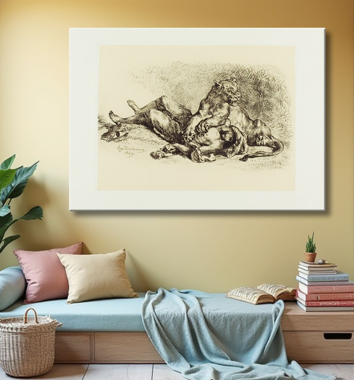 Reproduction Lionne déchirant la poitrine d'un arabe de Eugène Delacroix avec decor