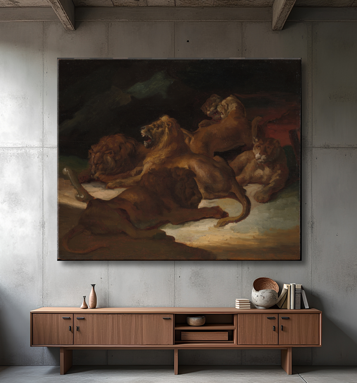 Reproduction Lions dans un paysage montagneux de Théodore Gericault avec decor