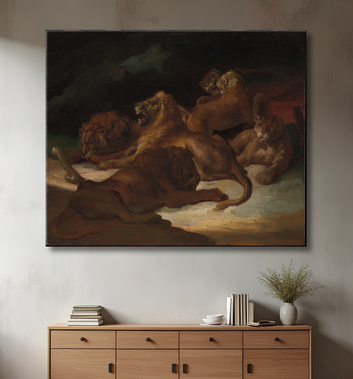 Reproduction Lions dans un paysage montagneux de Théodore Gericault avec decor