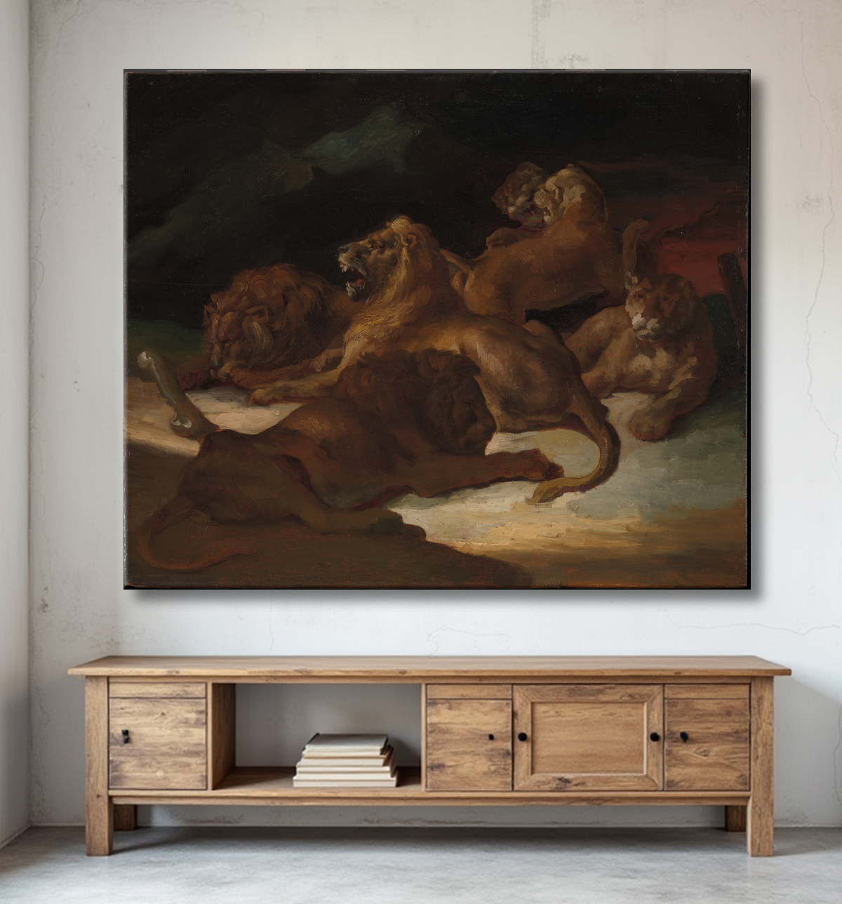 Reproduction Lions dans un paysage montagneux de Théodore Gericault avec decor