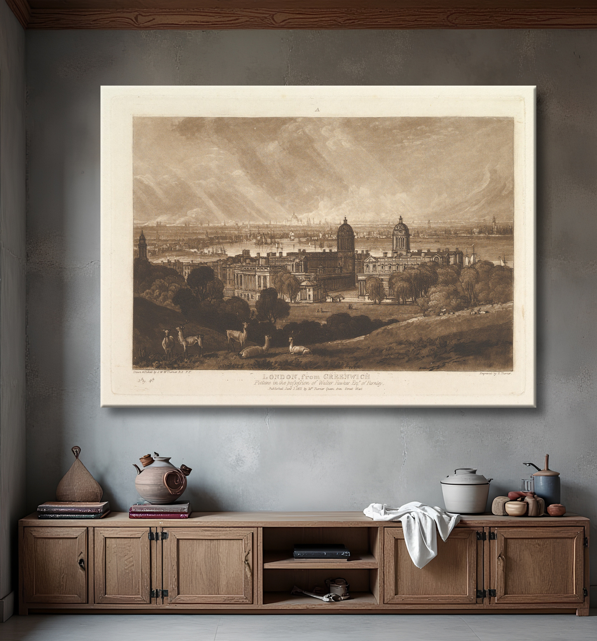 Reproduction Londres de Greenwich (Liber Studiorum, partie V, planche 26) de Joseph Mallord William Turner avec decor