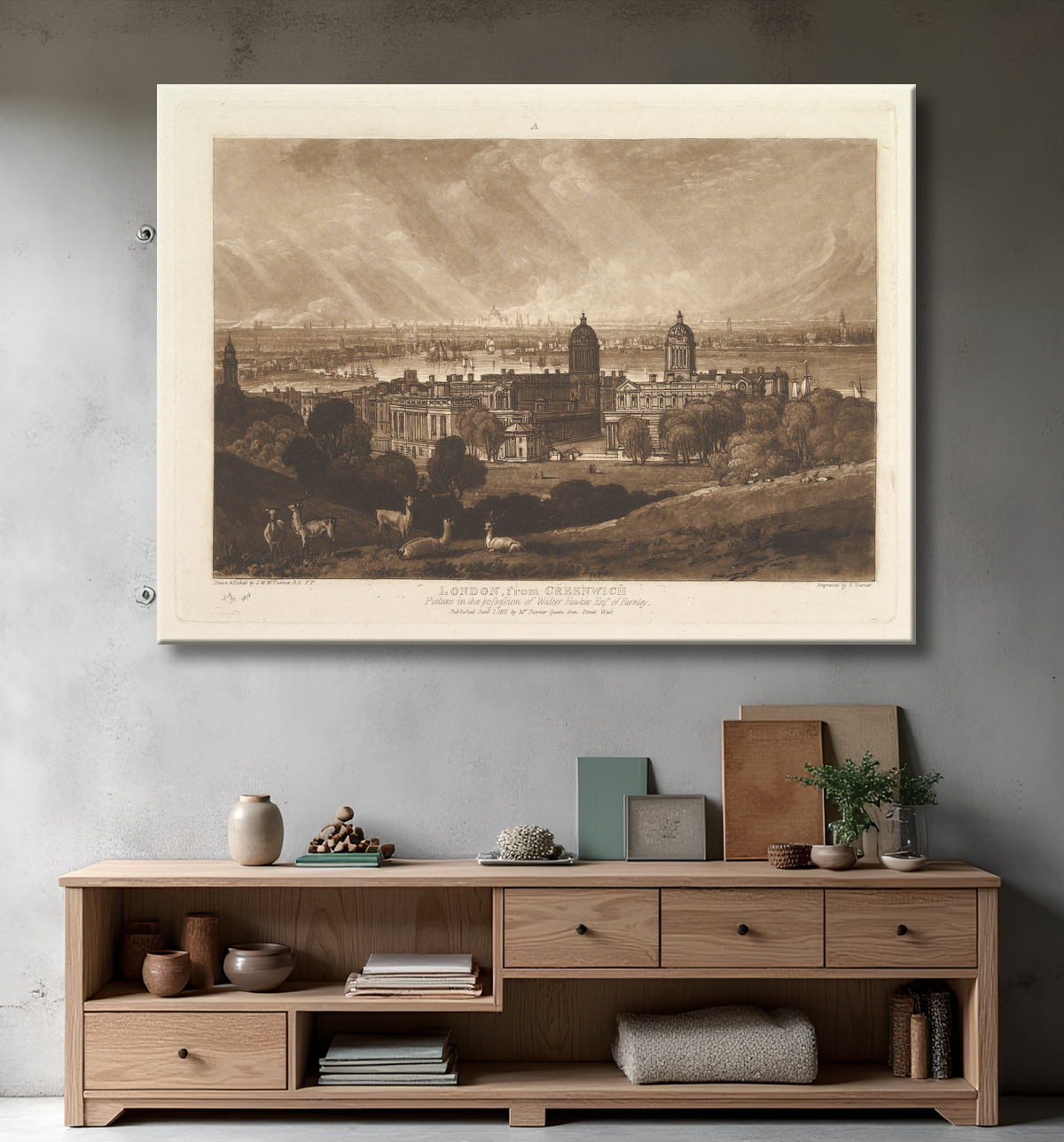 Reproduction Londres de Greenwich (Liber Studiorum, partie V, planche 26) de Joseph Mallord William Turner avec decor