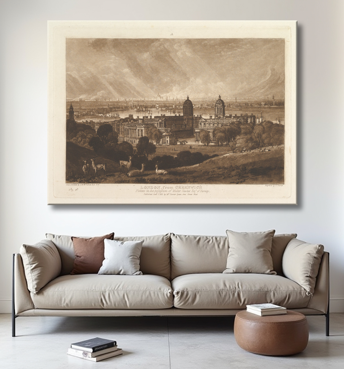 Reproduction Londres de Greenwich (Liber Studiorum, partie V, planche 26) de Joseph Mallord William Turner avec decor