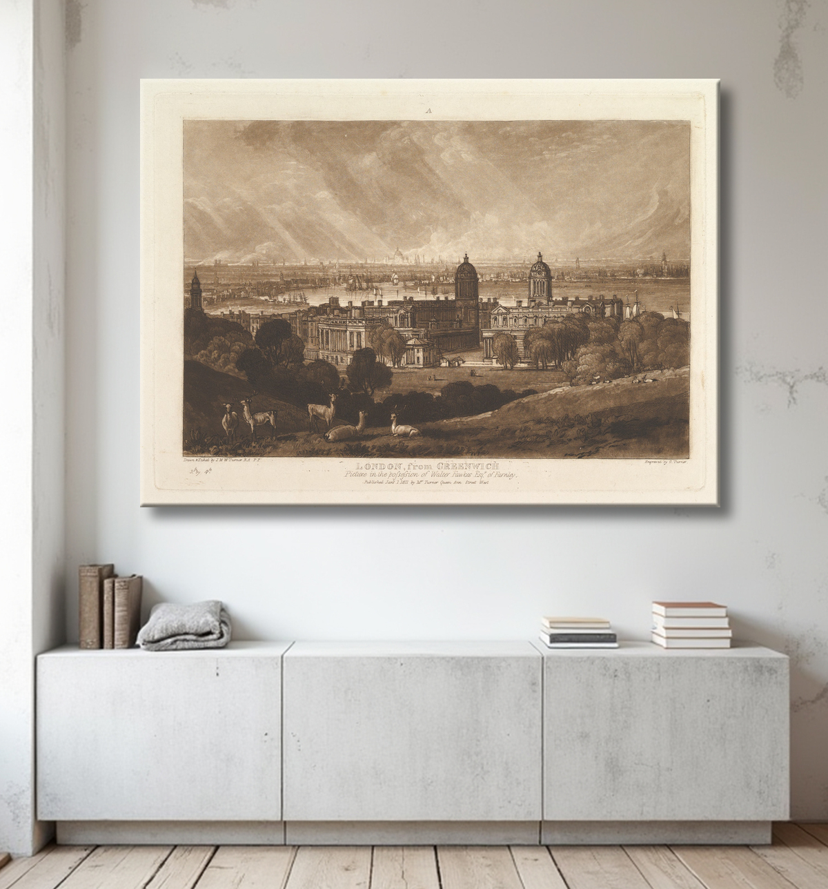 Reproduction Londres de Greenwich (Liber Studiorum, partie V, planche 26) de Joseph Mallord William Turner avec decor