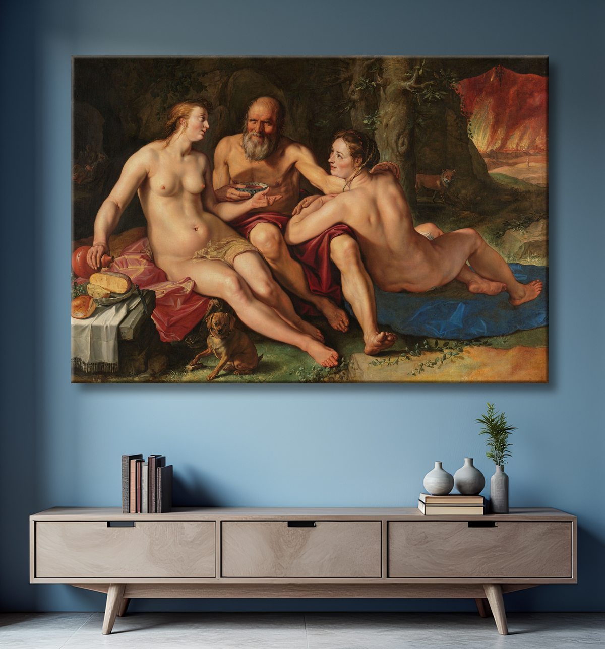 Reproduction Lot et ses filles de Hendrick Goltzius avec decor