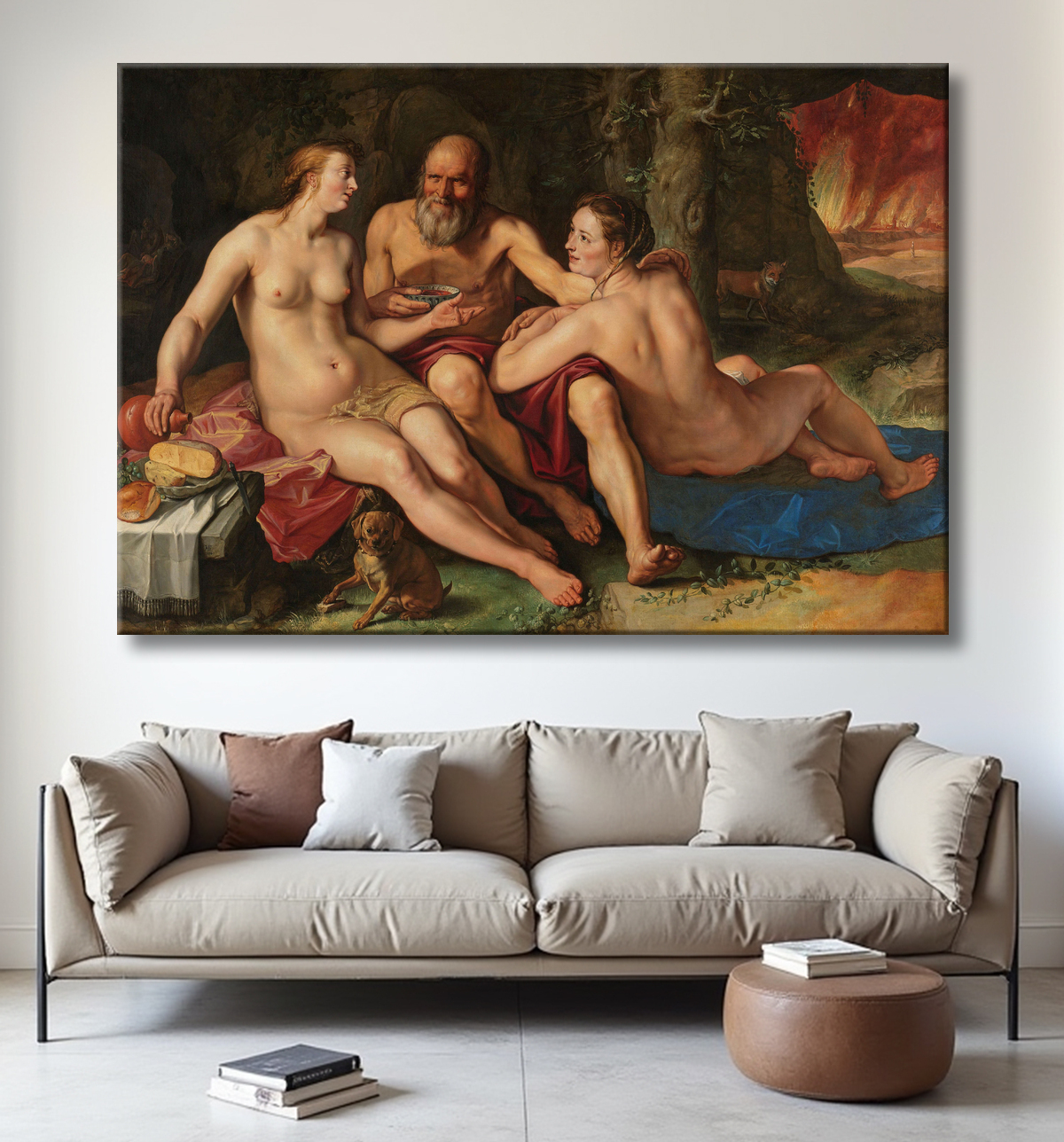 Reproduction Lot et ses filles de Hendrick Goltzius avec decor
