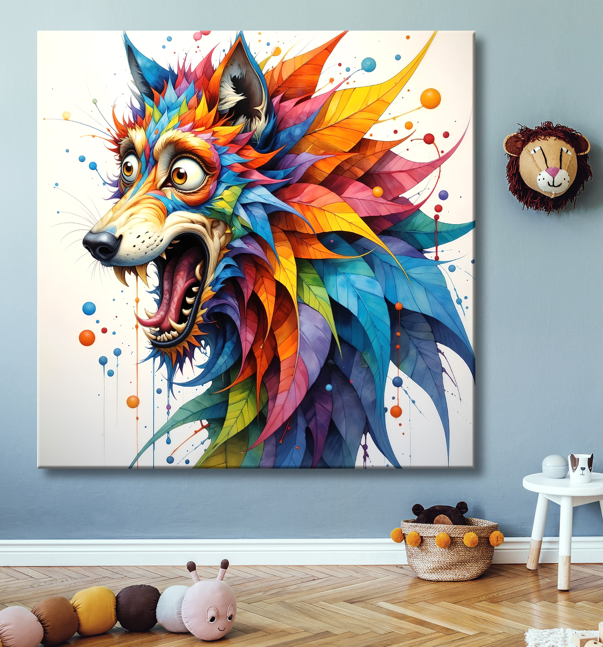 Tableau loup pop art déjanté - Humour graphique et explosion de couleurs avec decor