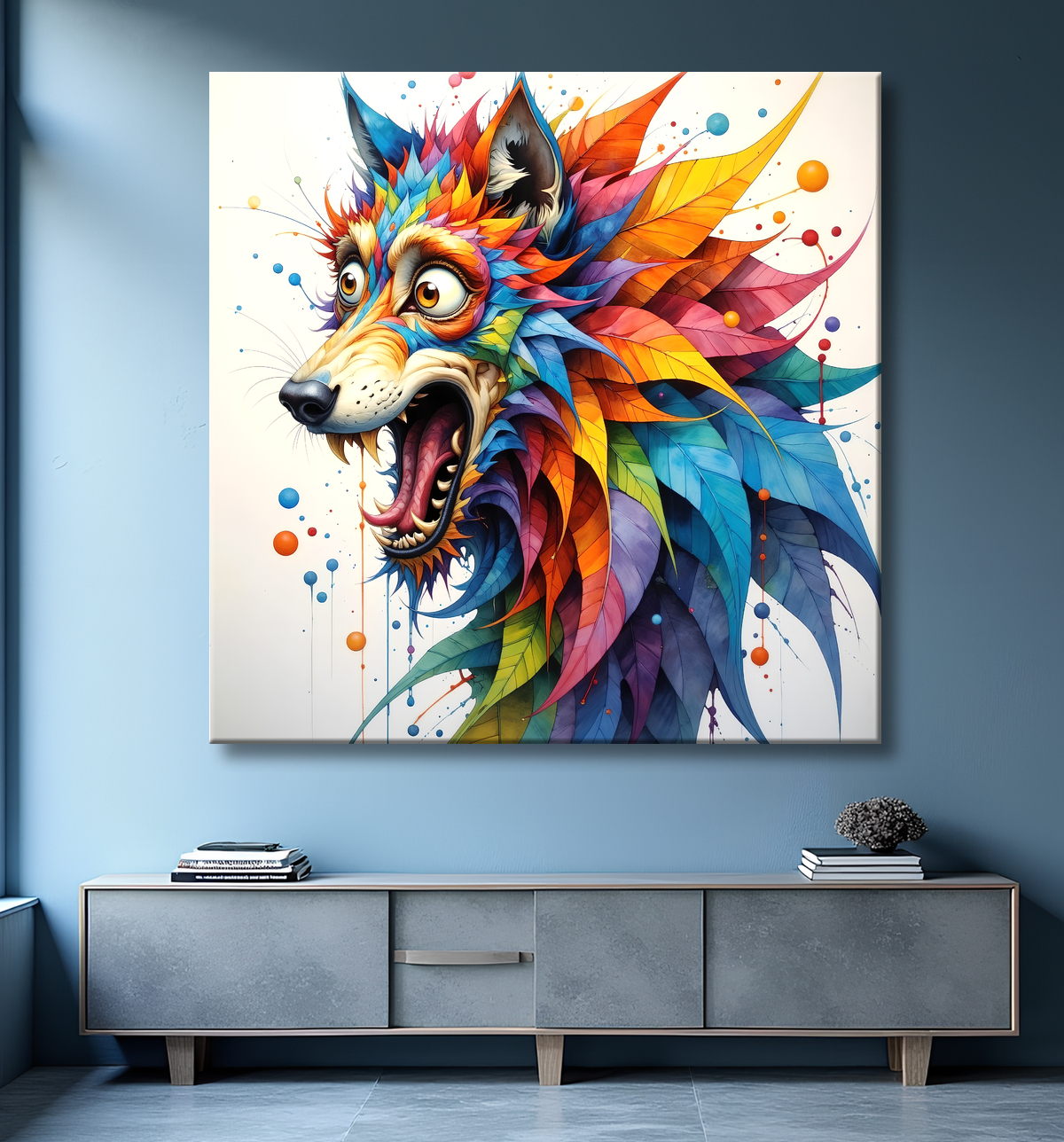Tableau loup pop art déjanté - Humour graphique et explosion de couleurs avec decor