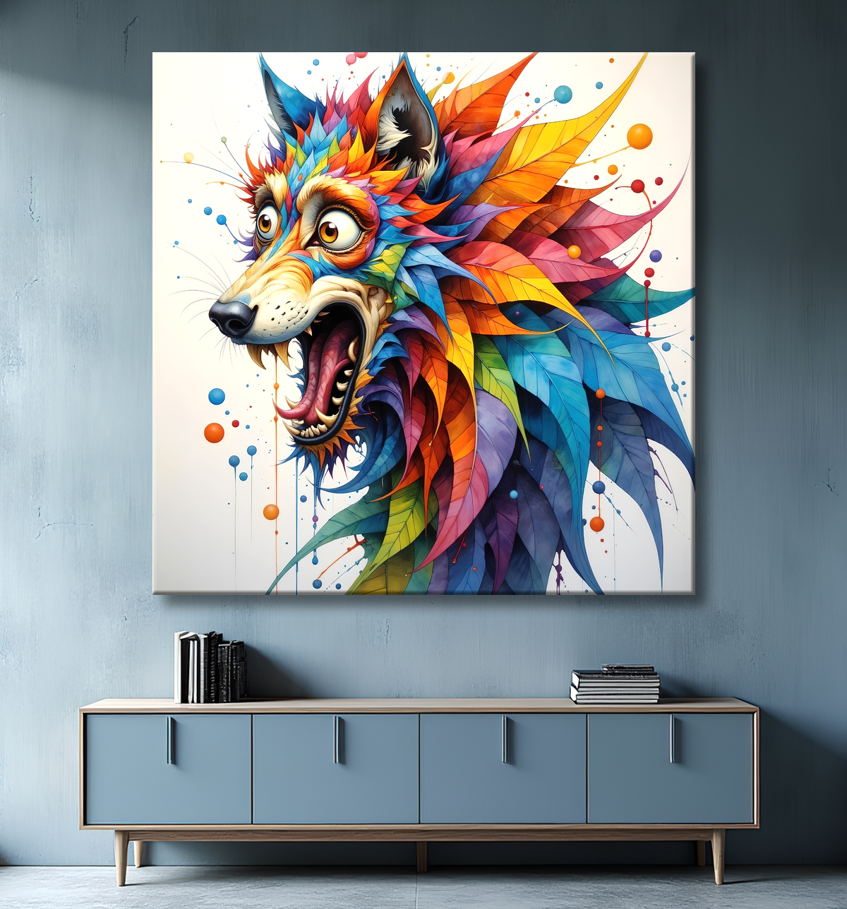Tableau loup pop art déjanté - Humour graphique et explosion de couleurs avec decor