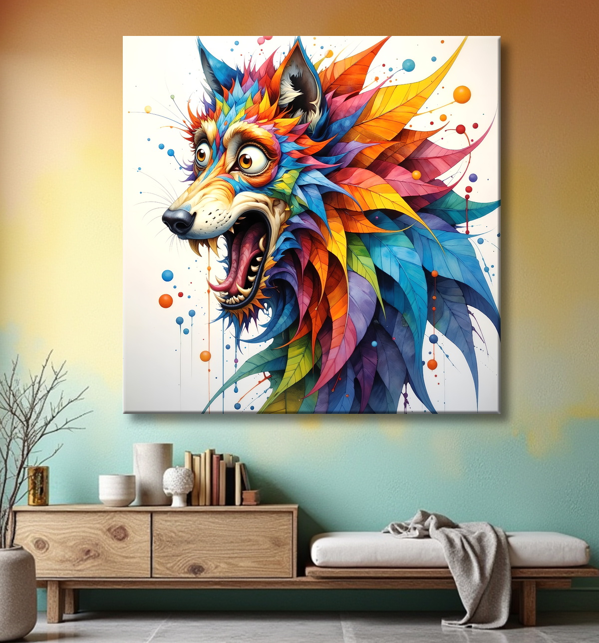Tableau loup pop art déjanté - Humour graphique et explosion de couleurs avec decor