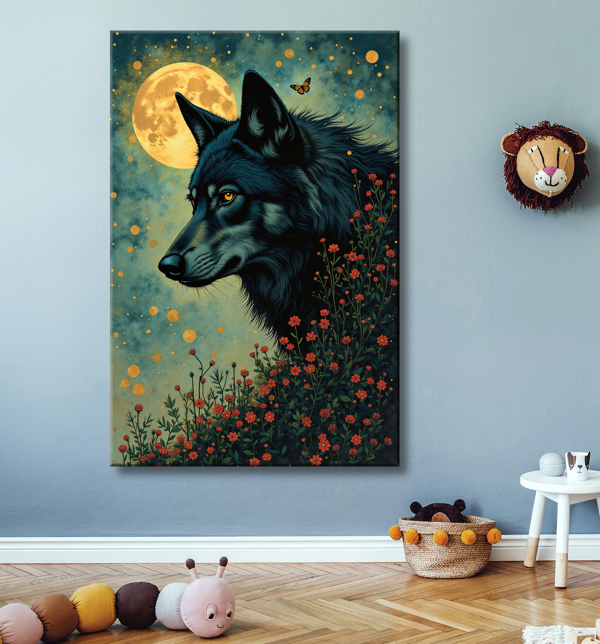 Tableau Loup Mythique sous la Lune avec decor