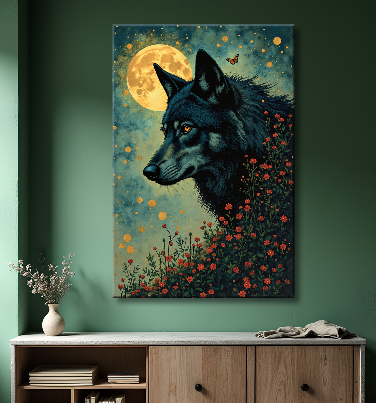 Tableau Loup Mythique sous la Lune avec decor