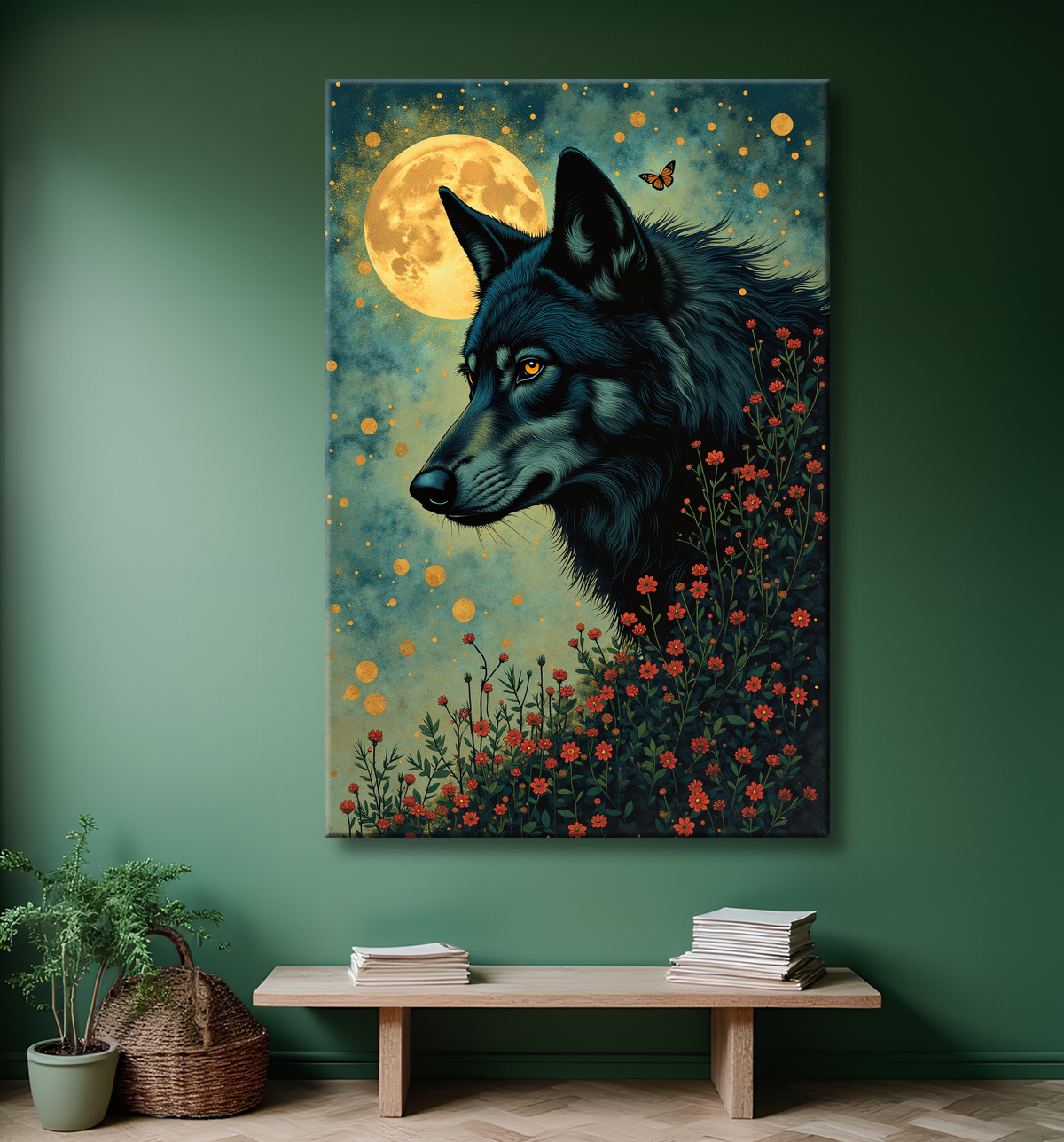 Tableau Loup Mythique sous la Lune avec decor