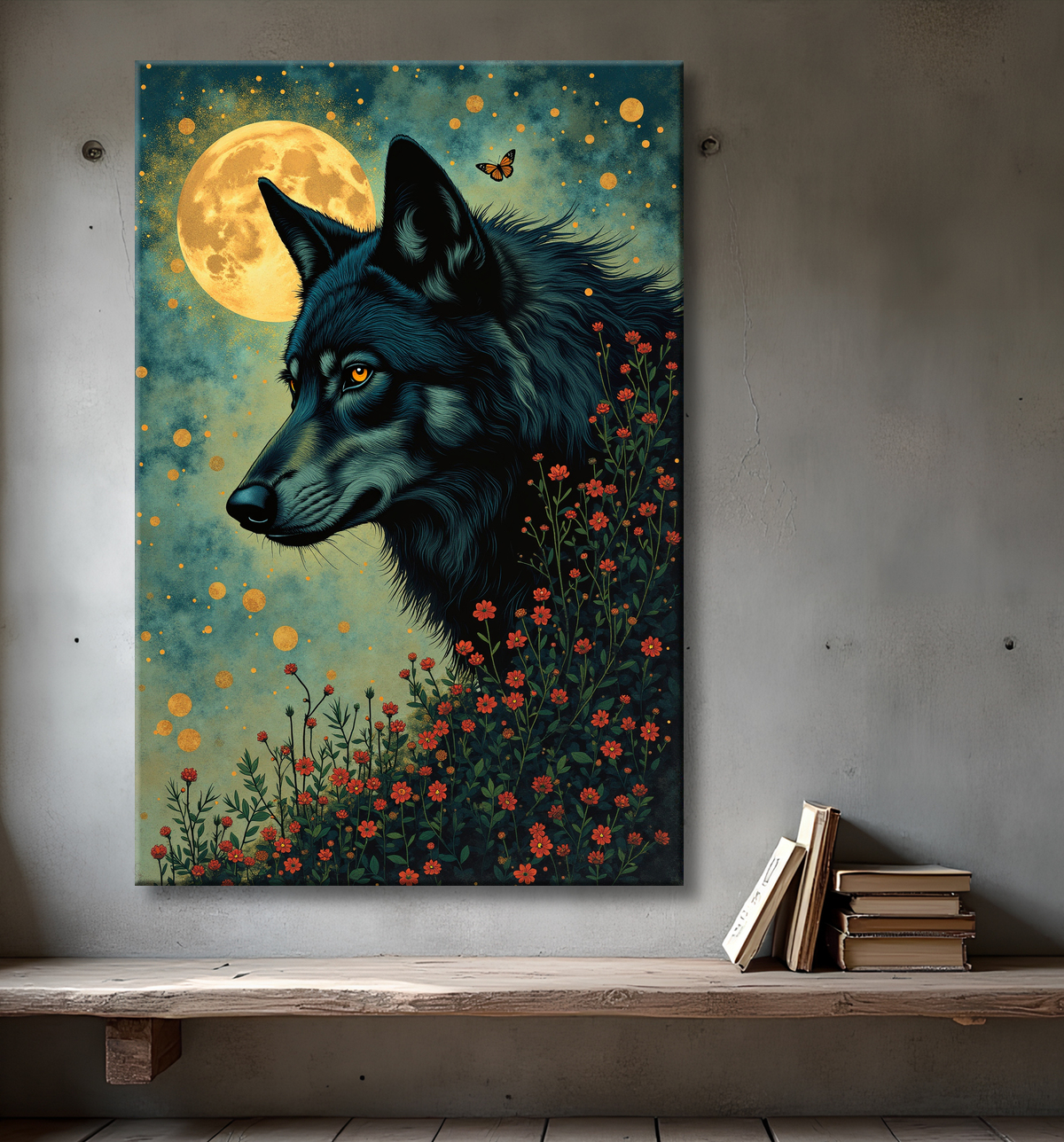 Tableau Loup Mythique sous la Lune avec decor