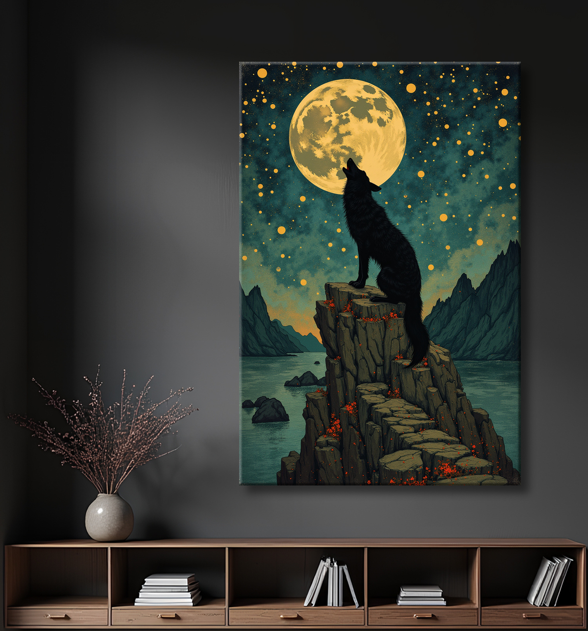 Tableau Loup Mythique sous la Lune avec decor