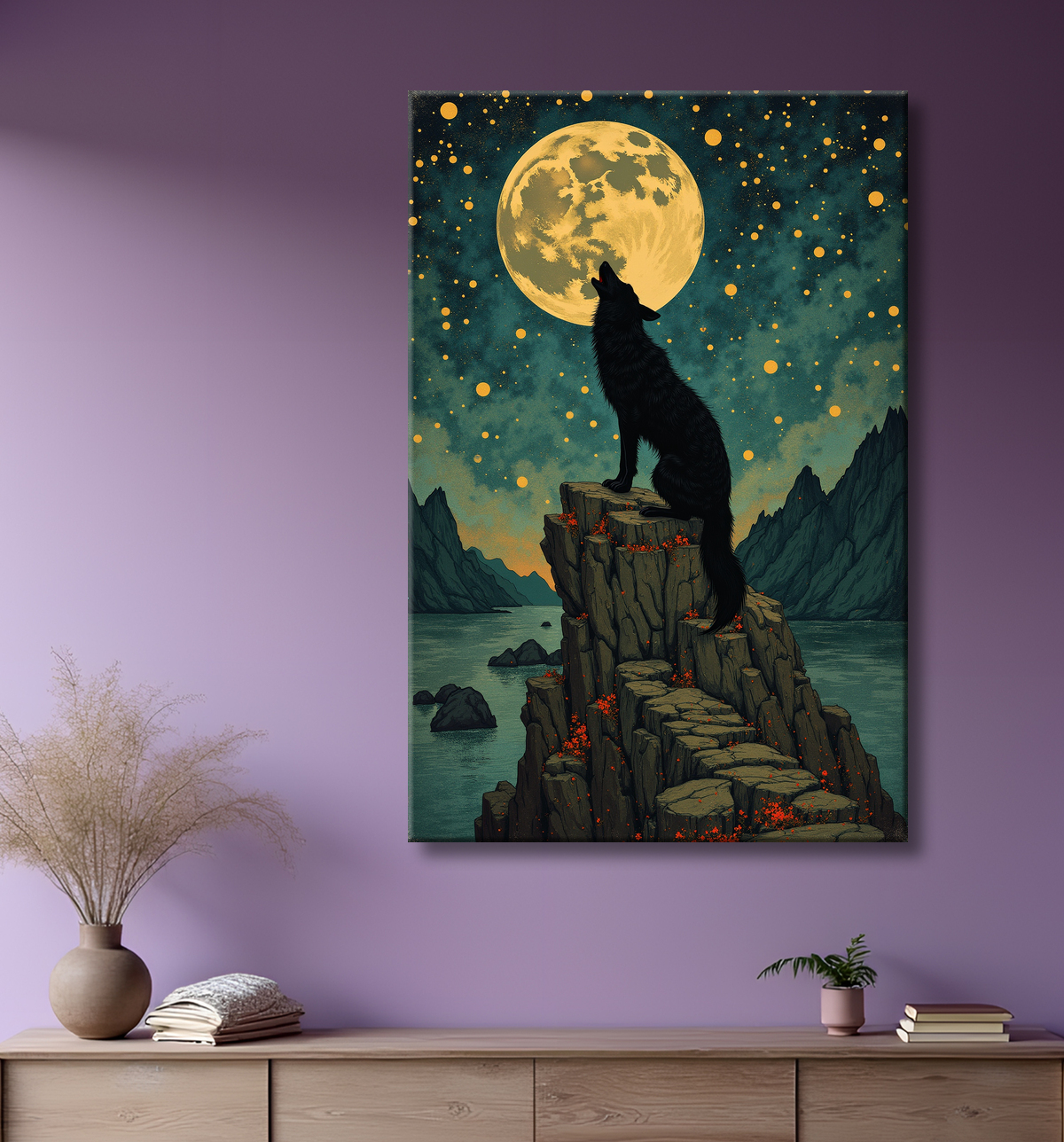 Tableau Loup Mythique sous la Lune avec decor
