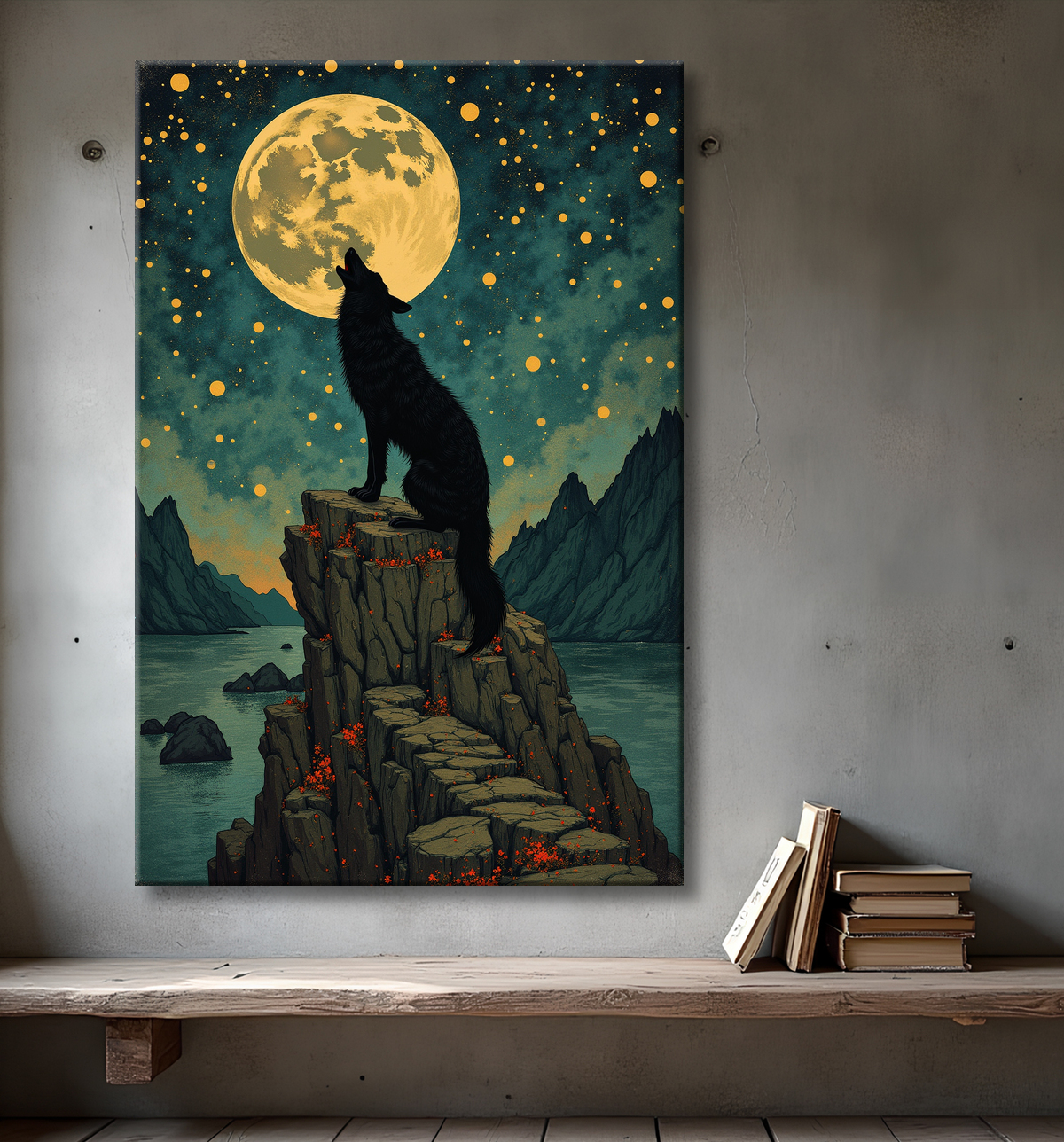 Tableau Loup Mythique sous la Lune avec decor