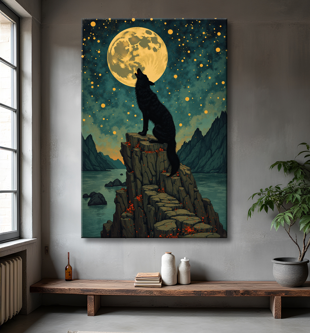 Tableau Loup Mythique sous la Lune avec decor