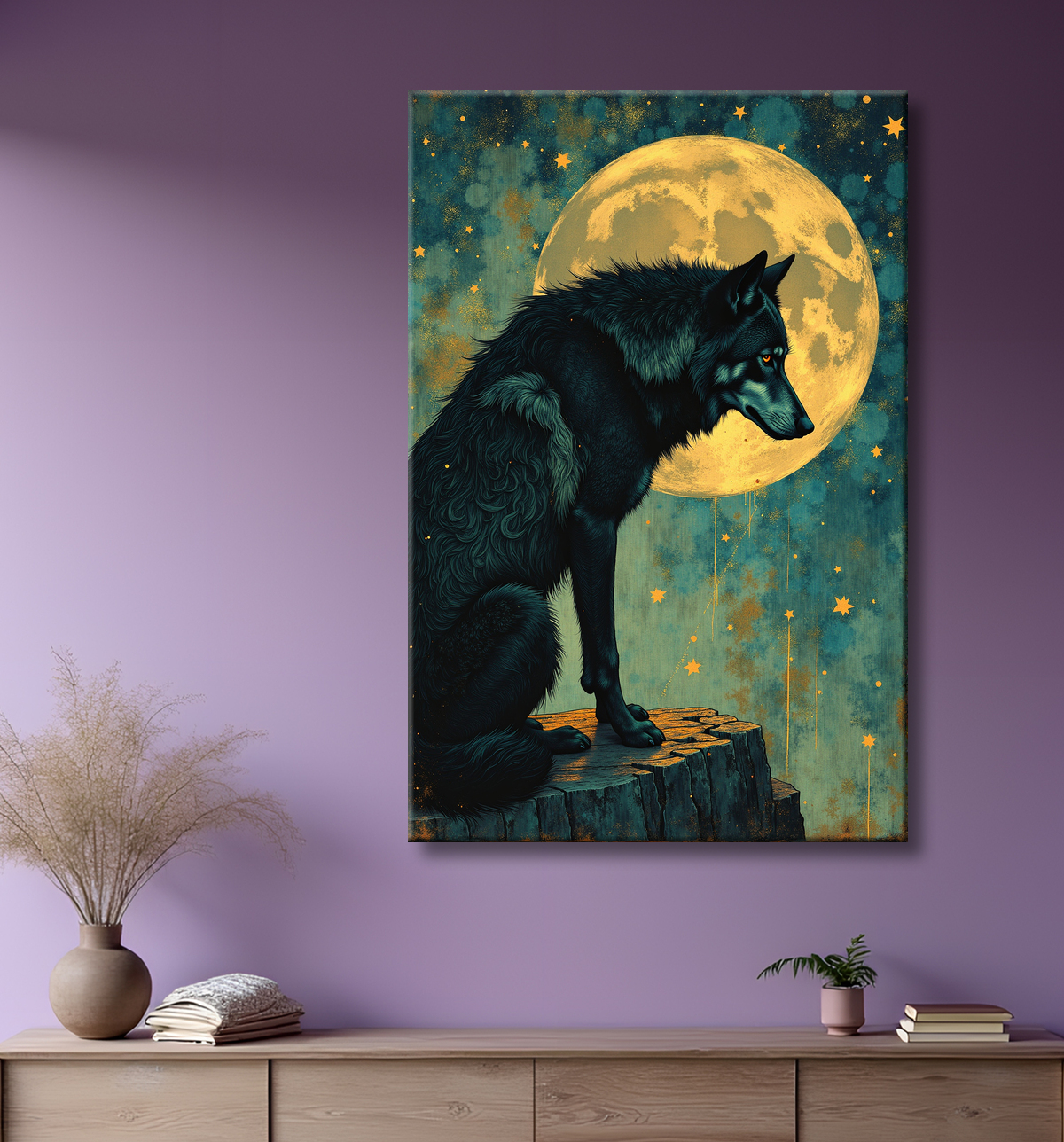 Tableau Loup Mythique sous la Lune avec decor