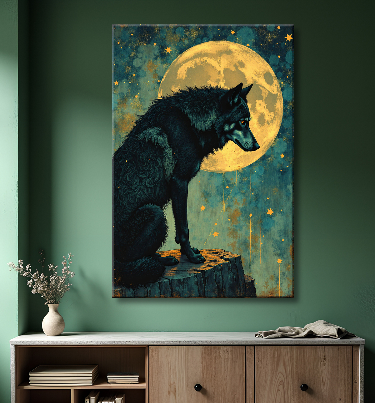Tableau Loup Mythique sous la Lune avec decor