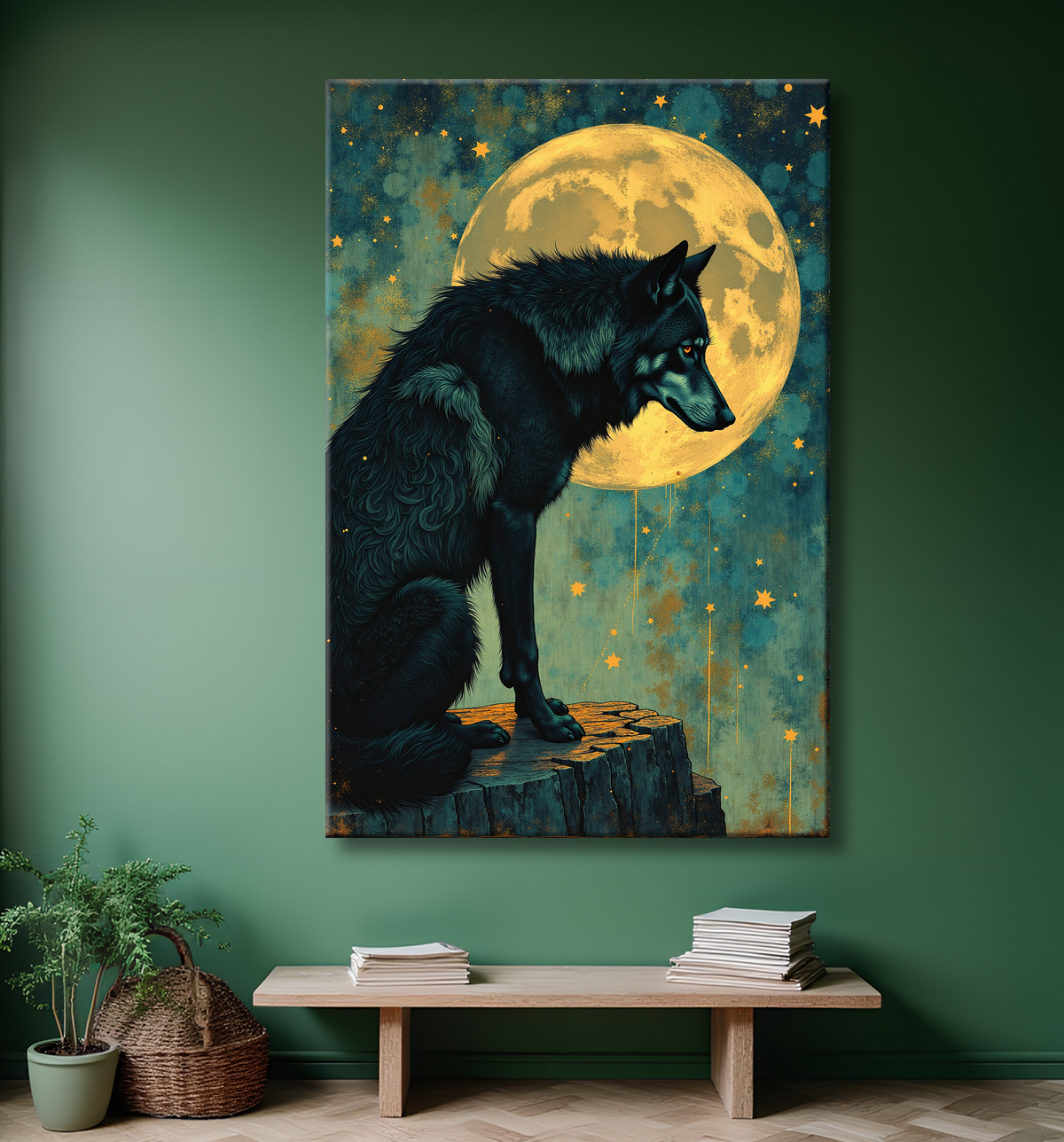 Tableau Loup Mythique sous la Lune avec decor