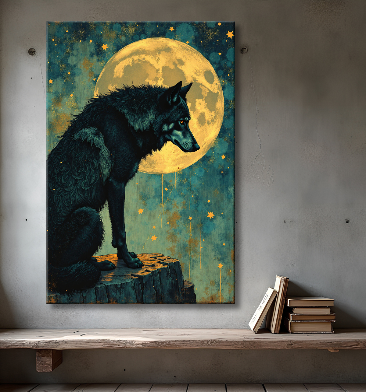 Tableau Loup Mythique sous la Lune avec decor