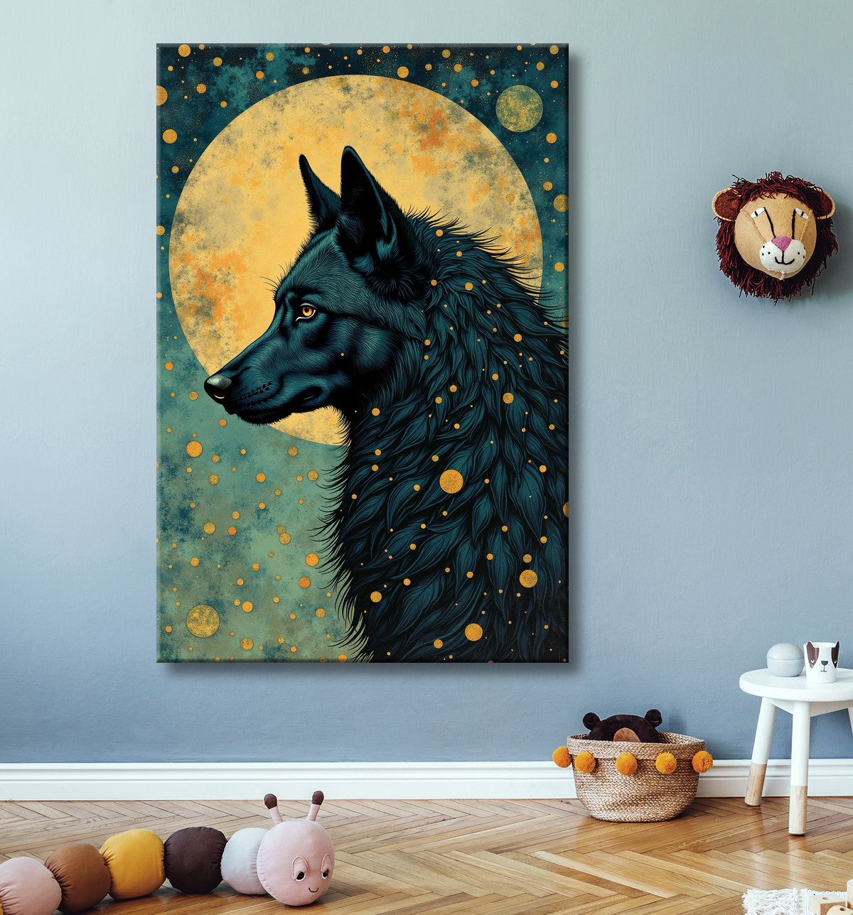 Tableau Loup Mythique sous la Lune avec decor