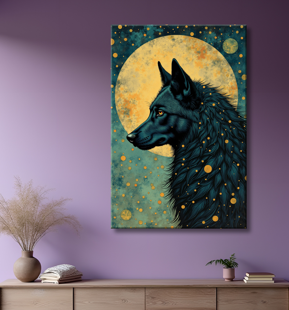 Tableau Loup Mythique sous la Lune avec decor