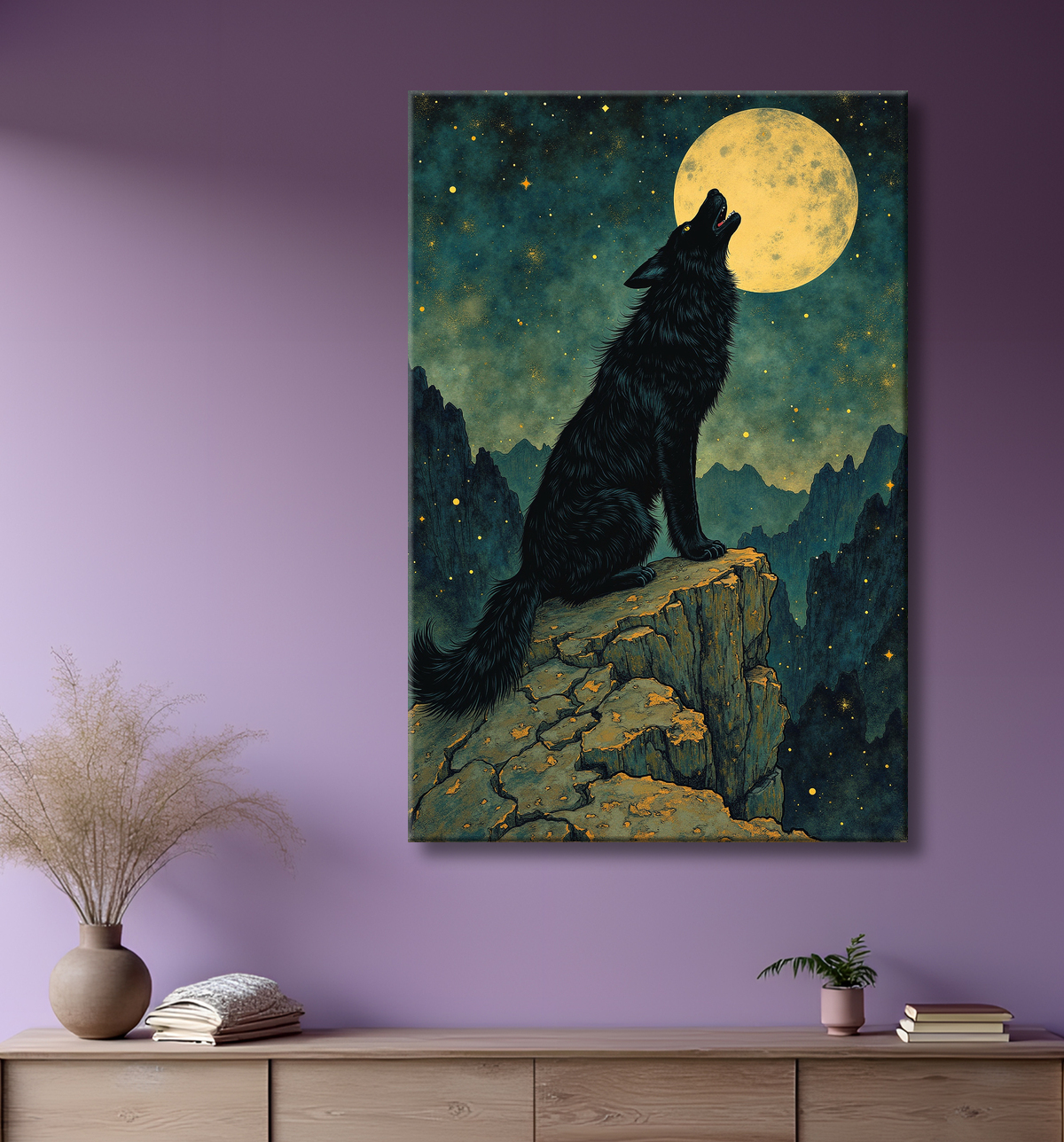 Tableau Loup Mythique sous la Lune avec decor