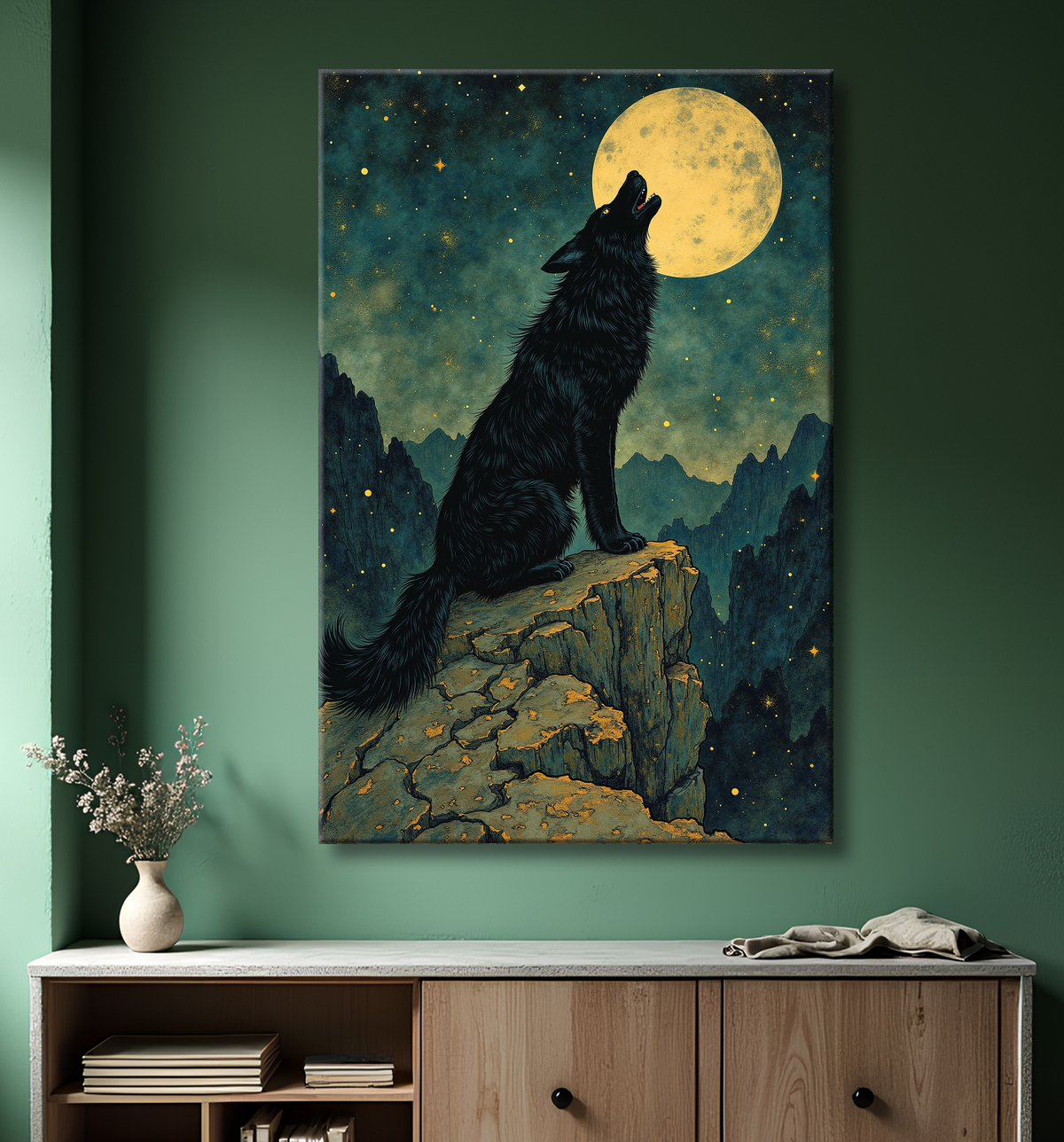 Tableau Loup Mythique sous la Lune avec decor