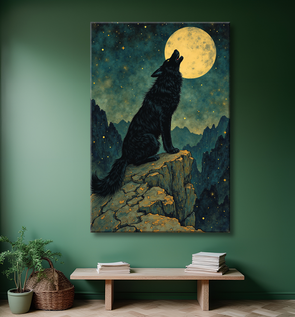 Tableau Loup Mythique sous la Lune avec decor