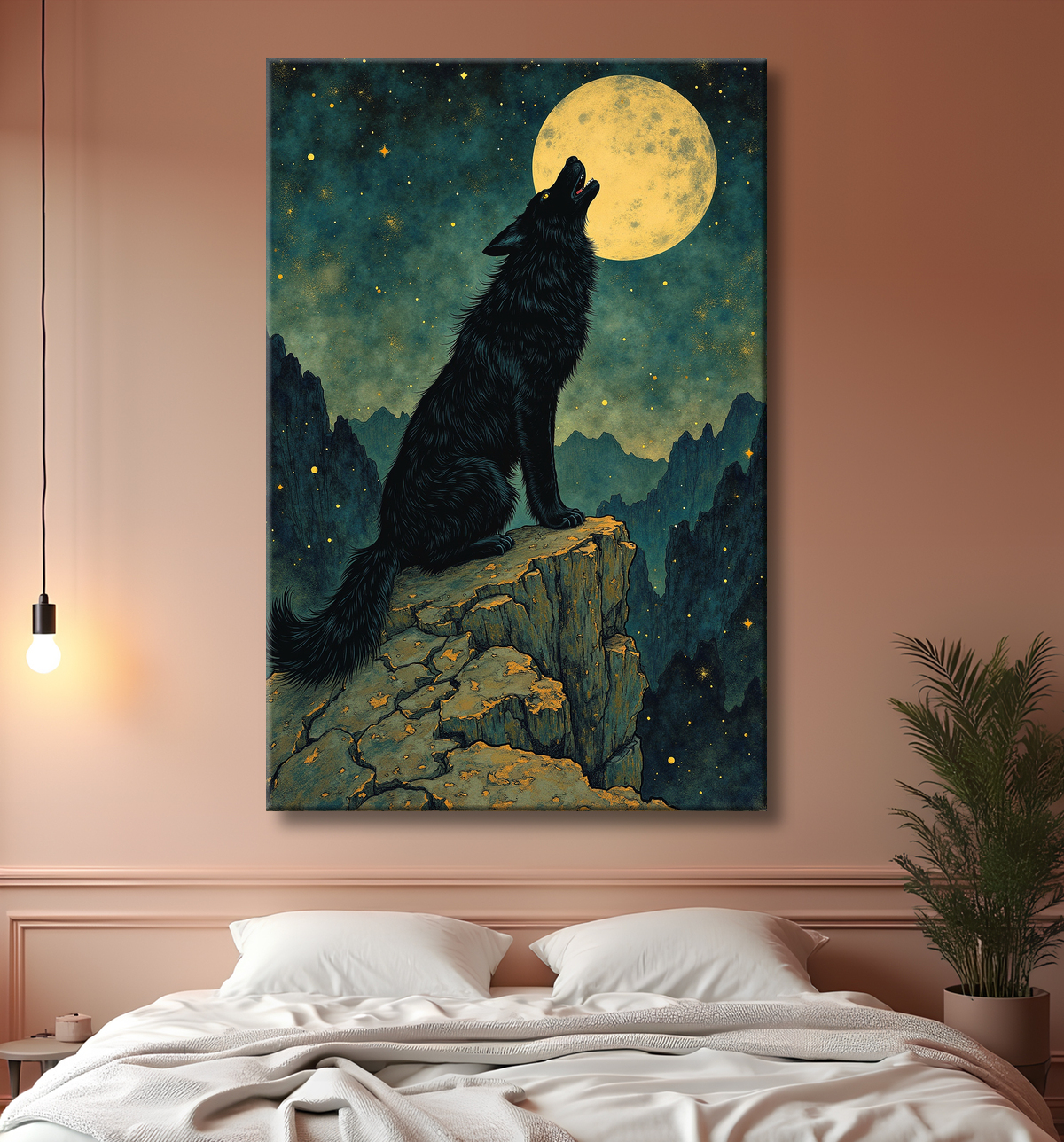 Tableau Loup Mythique sous la Lune avec decor