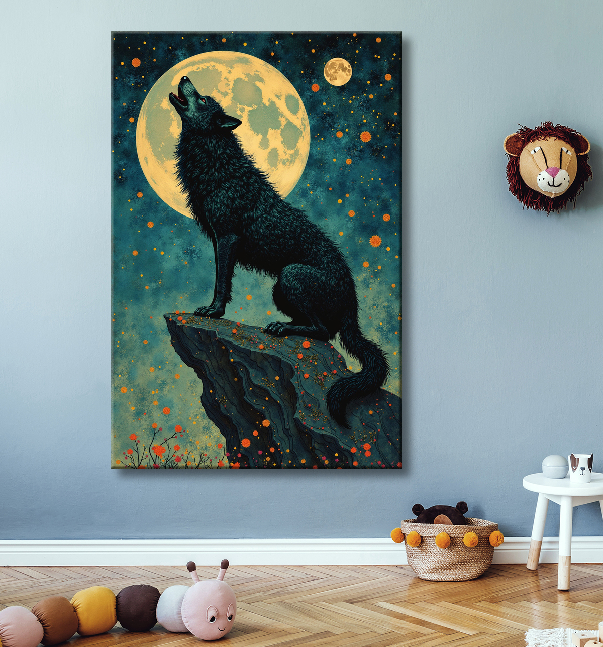 Tableau Loup Mythique sous la Lune avec decor