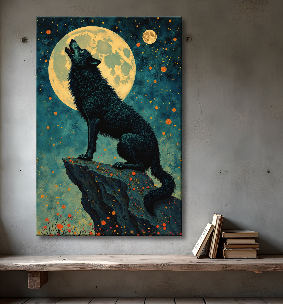 Tableau Loup Mythique sous la Lune avec decor