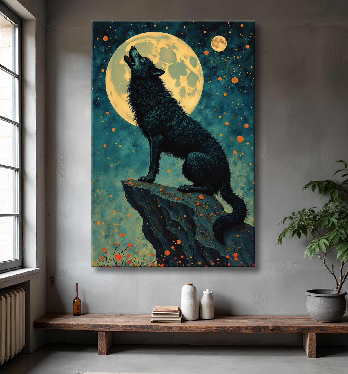 Tableau Loup Mythique sous la Lune avec decor