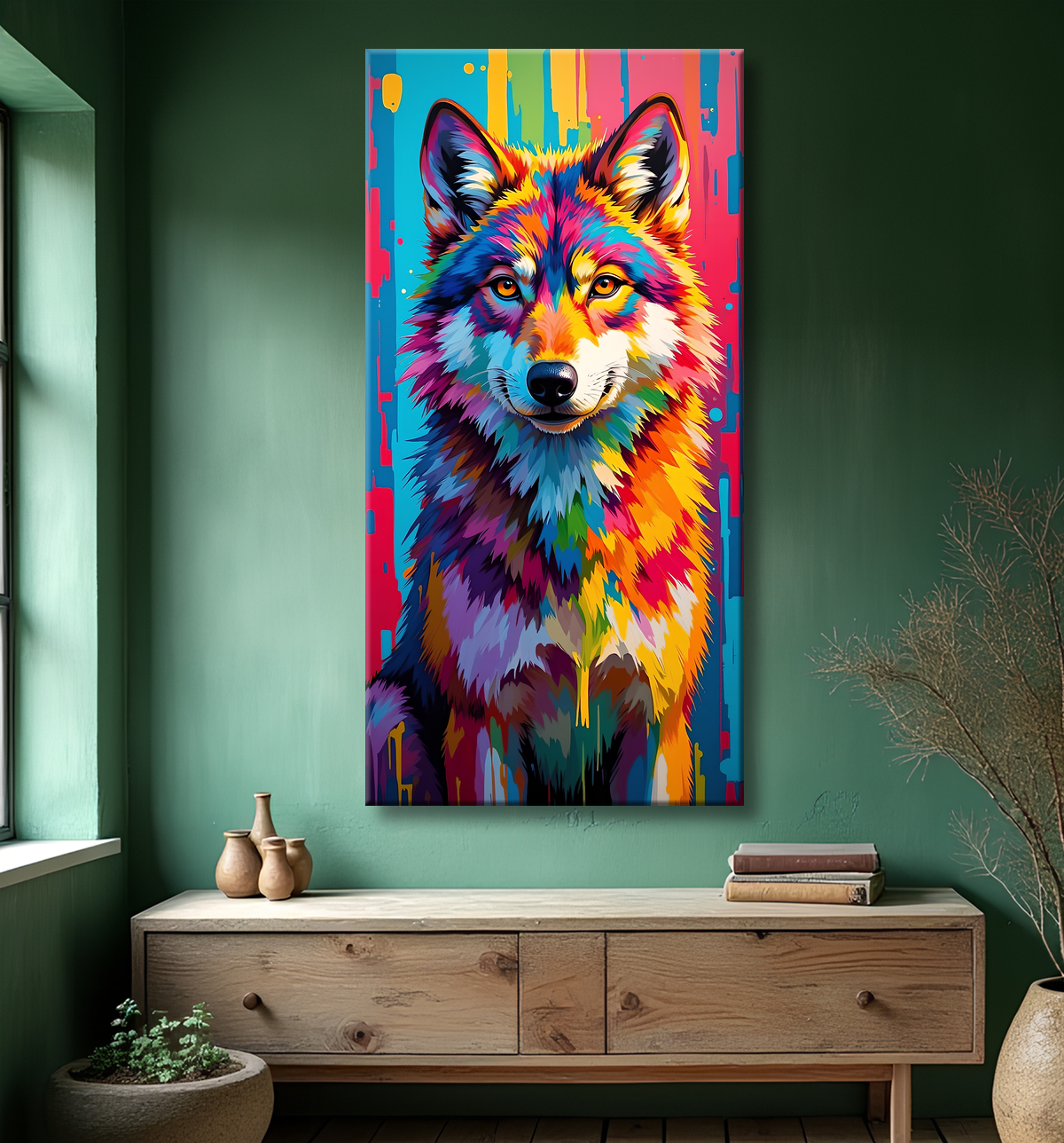 Tableau loup pop art - Portrait vibrant et sauvage avec decor