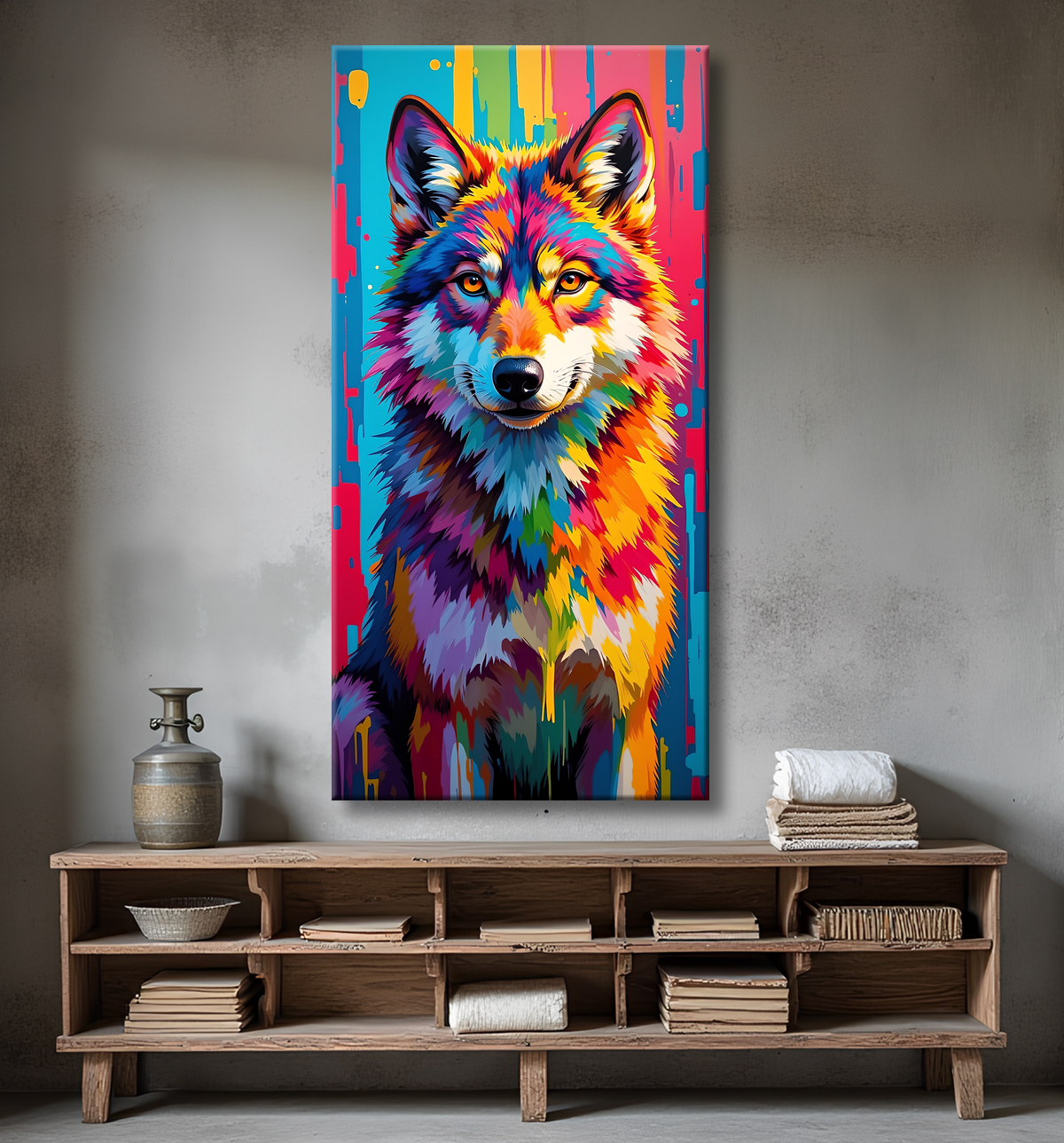 Tableau loup pop art - Portrait vibrant et sauvage avec decor